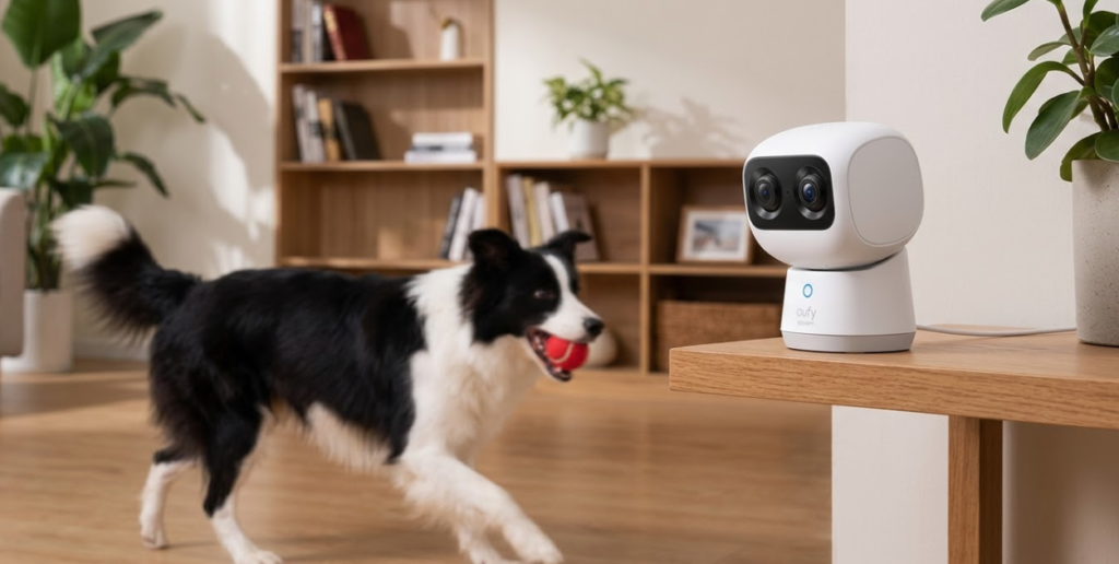 cámara Eufy S350 siguiendo el movimiento de un Border Collie