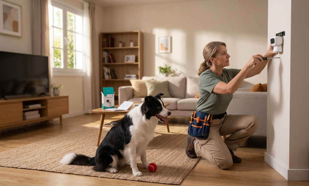 instalación de sensor de movimiento pet-immune en salón con perro
